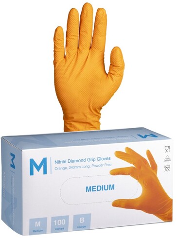 Nitrile Diamond Grip Gloves Powder Free - Orange, M, 240mm Cuff, 9.0g - Matthews