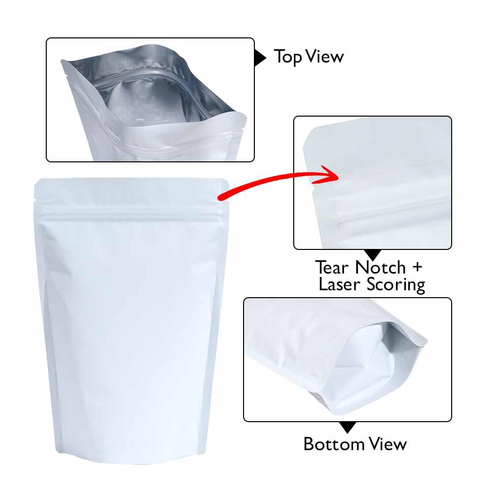 Stand Up Pouch 250gm White Matt with Zip no Valve, 160w x 230h x (45 + 45)g