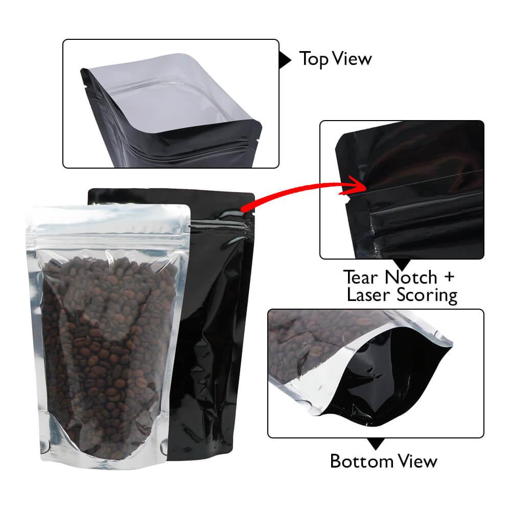 Stand Up Pouch Clear/Shiny Black 1kg w Zip no Valve 235w x 345h x (60 + 60)g