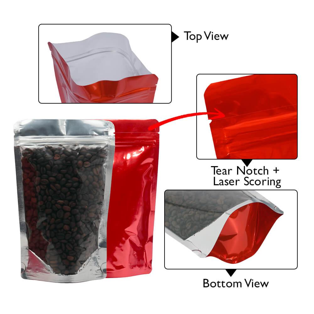Stand Up Pouch Clear/Shiny Red 250g w Zip no Valve 160w x 230h x (45 + 45)g