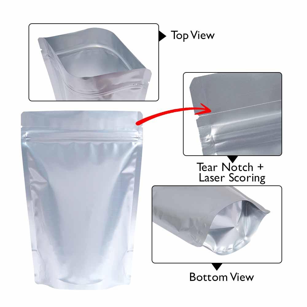 Stand Up Pouch 1kg Matt Silver both sides with Zip no Valve 235w x 345h x (60 + 60)g