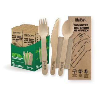 16cm Knife, Fork and Napkin set, Retail Pack, FSC 100%, Wood - BioPak