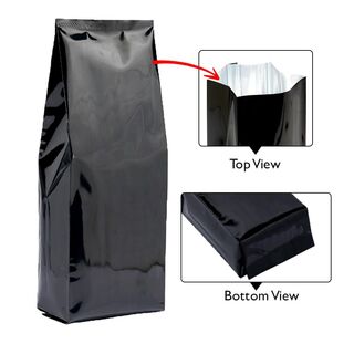 Central Seal-Side Gusset Pouch 2kg Shiny Black w No zip w Valve 170w x 495h x (55 +55)g
