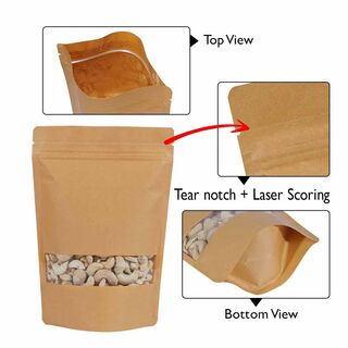 Stand Up Pouch 70g Brown Kraft Paper w Rectangle Window w Zip no Valve 110w x 170h x (35 + 35)g