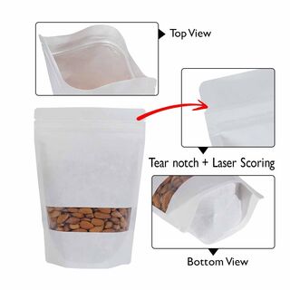Stand Up Pouch 100g White Kraft Paper w Rectangle Window w Zip no Valve 120w x 200h x (40 + 40)g